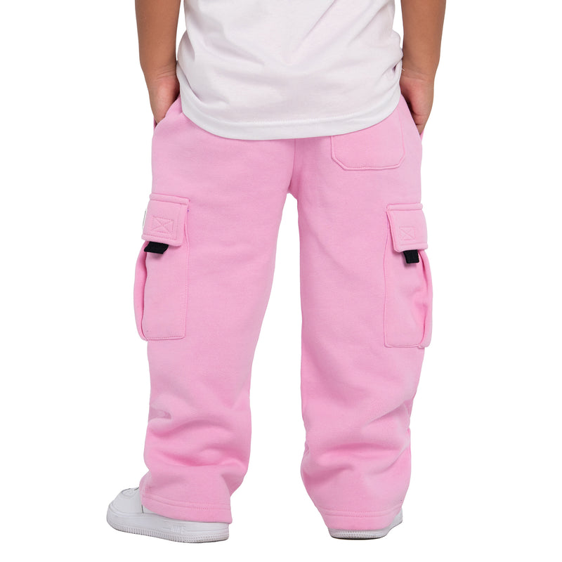 Youth pink fleece cargo sweatpants front view with two side cargo pockets and elastic cuffs