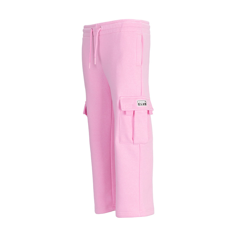 Youth pink fleece cargo sweatpants back view with cargo pockets and drawstring waist