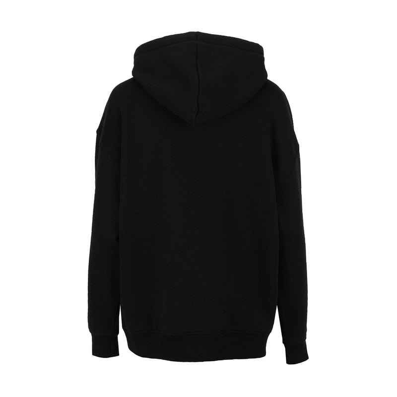 Women's black fleece full-zip hoodie, back view with hood