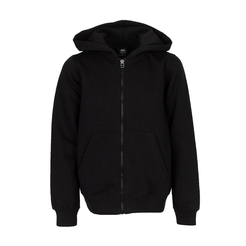 Youth black fleece full-zip hoodie with hood and front pockets