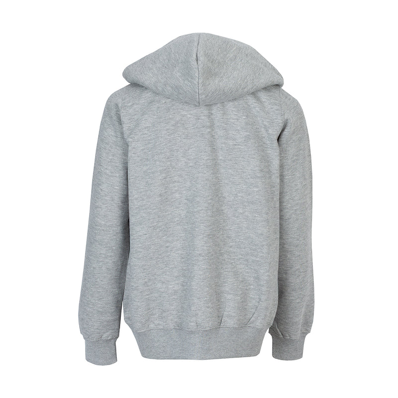 Youth heather grey fleece zip-up hoodie, back view with hood