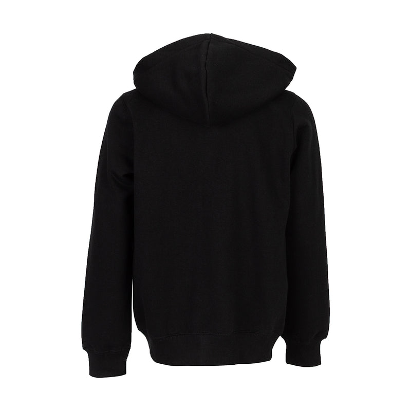 Youth black fleece full-zip hoodie with attached hood, back view