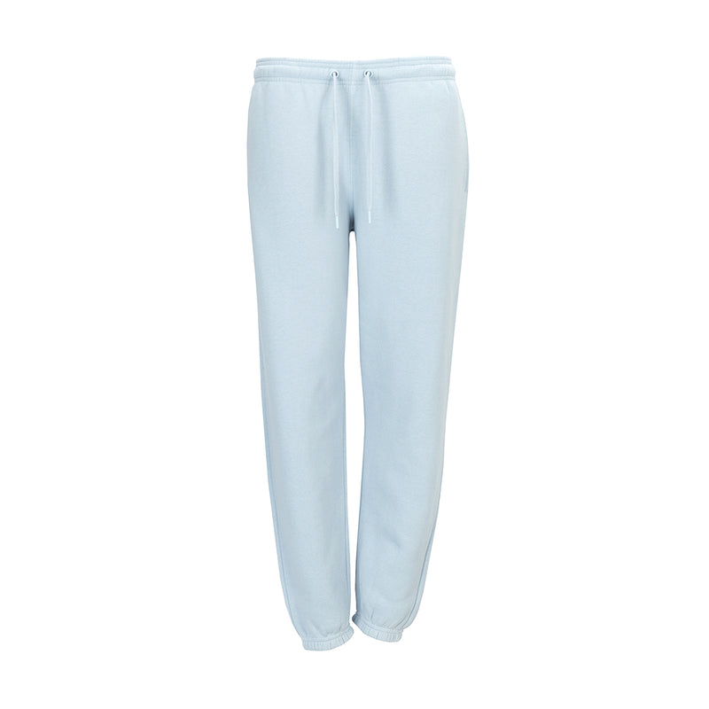 Women's light blue fleece pants with elastic waistband and drawstring cuffs