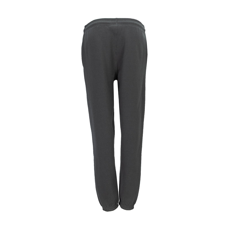 Women's black fleece pants, back view, elastic waistband and tapered leg