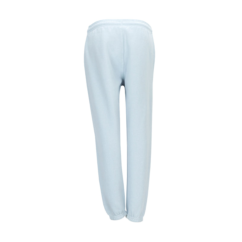Women's light blue fleece pants back view with elastic waistband and cuffed hems