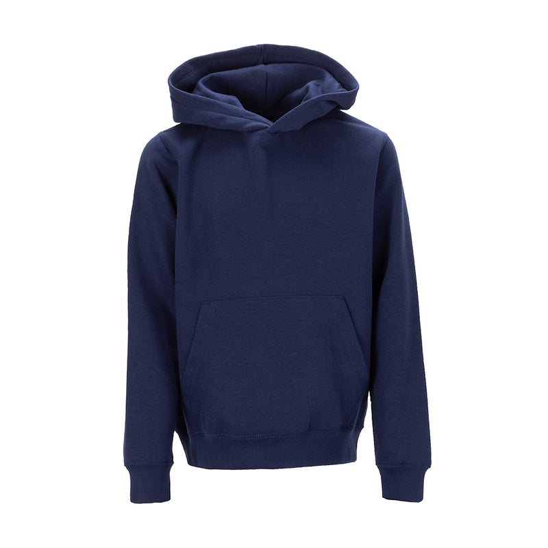 Youth navy fleece pullover hoodie with hood and front kangaroo pocket