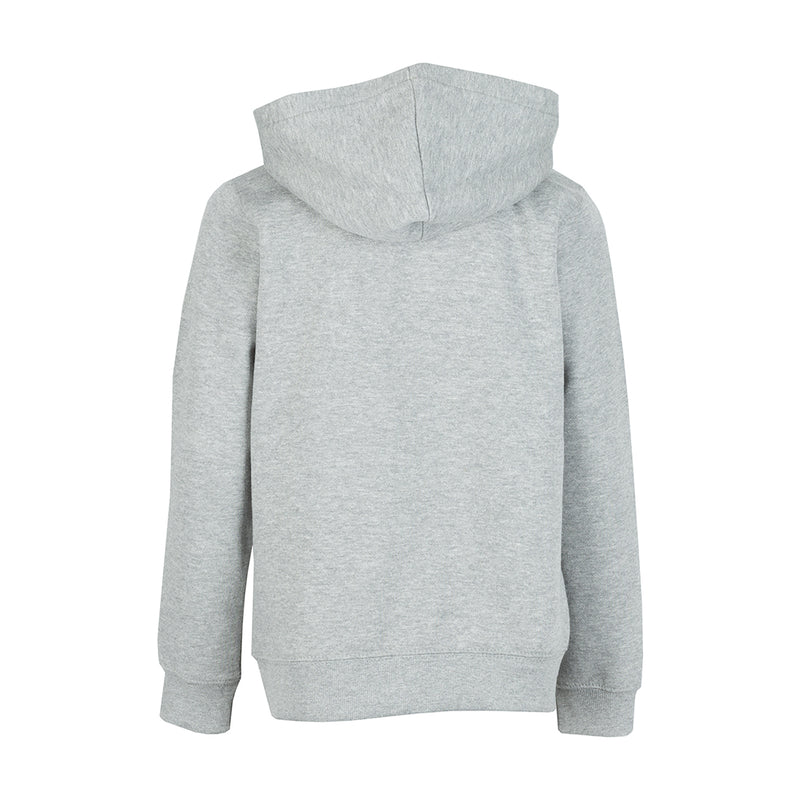 Heather grey youth fleece pullover hoodie, back view with full hood