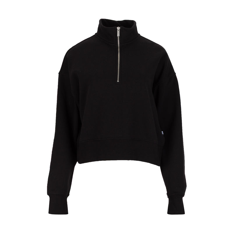 Black women's fleece quarter-zip pullover, high neck, long sleeves, cropped hem