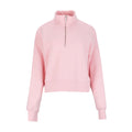 Women's fleece quarter-zip pullover in light pink, front zip, long sleeves, stand collar