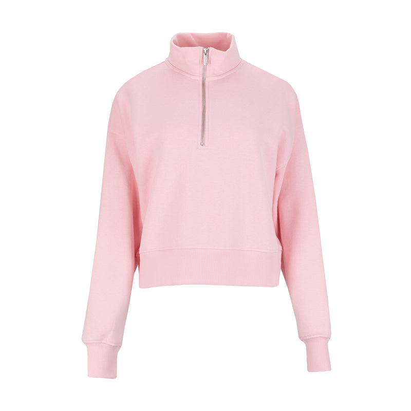 Women's fleece quarter-zip pullover in light pink, front zip, long sleeves, stand collar