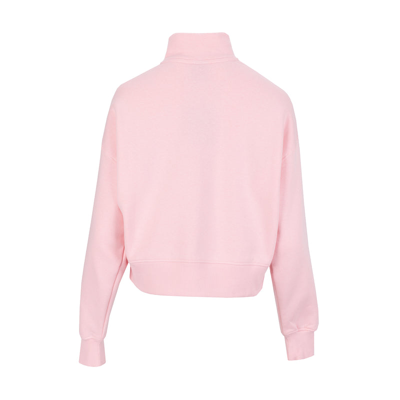 Women's fleece quarter-zip pullover back view in light pink, long sleeves with ribbed cuffs