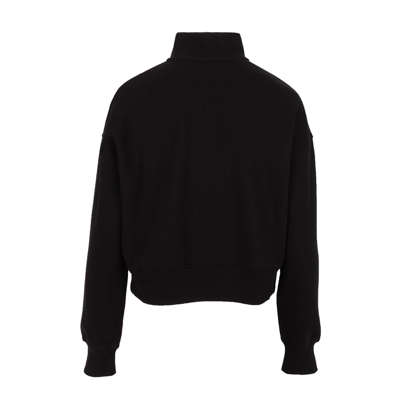 Black women's fleece pullover back view, high neck, long sleeves, cropped hem