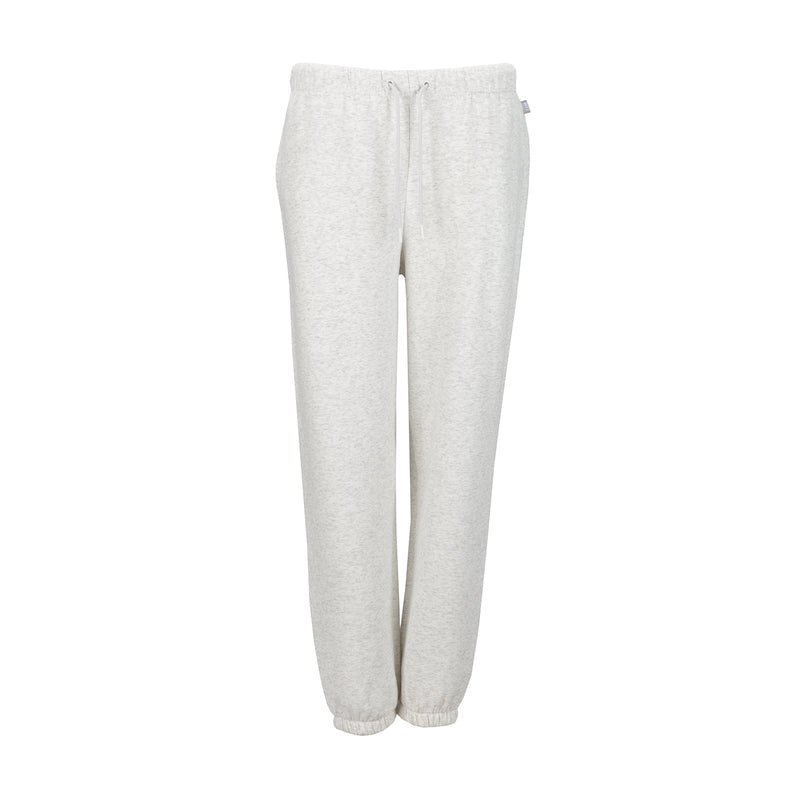 Women's heather ash fleece sweatpants with drawstring waist and ribbed cuffs