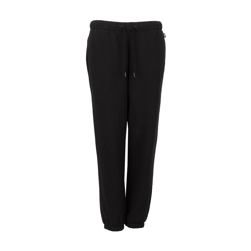 Women's black fleece sweatpants with drawstring elastic waist and tapered legs
