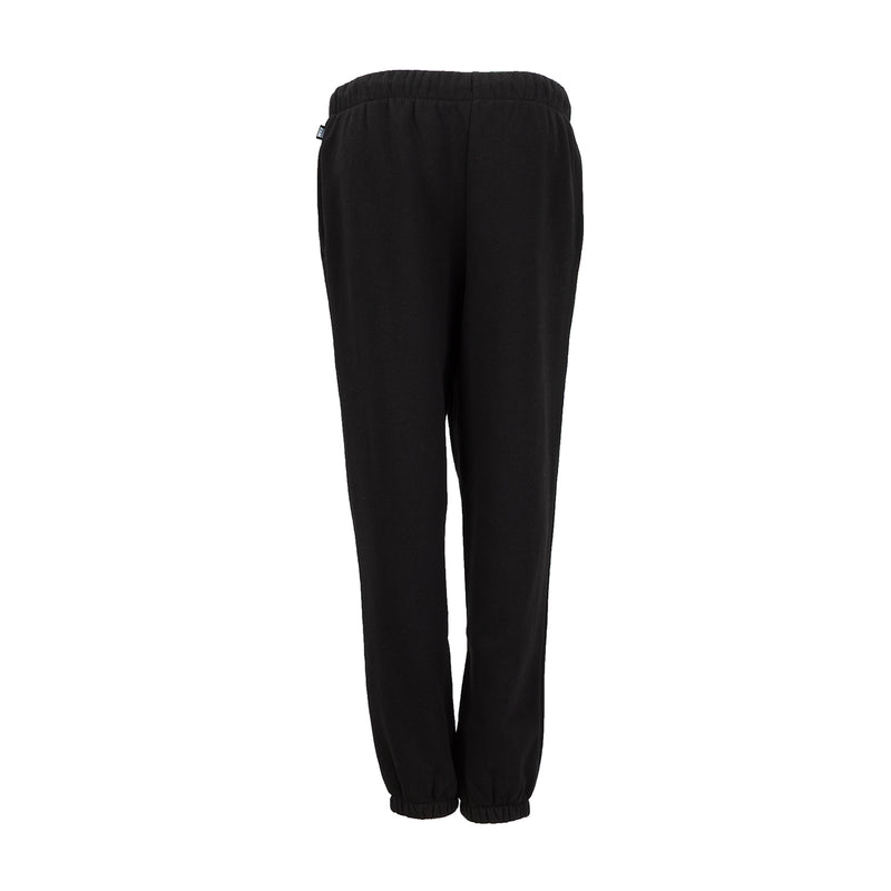 Women's black fleece sweatpants, back view, elastic waist with drawstring and cuffed hem