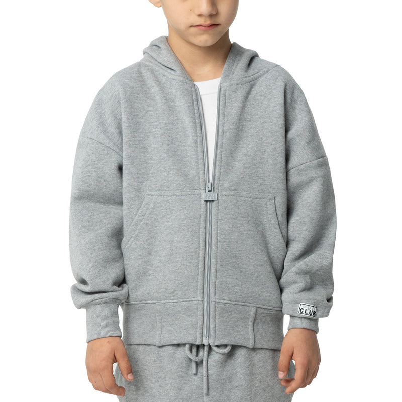 Heather grey youth zip-front hoodie with hood, front pockets, and elastic cuffs