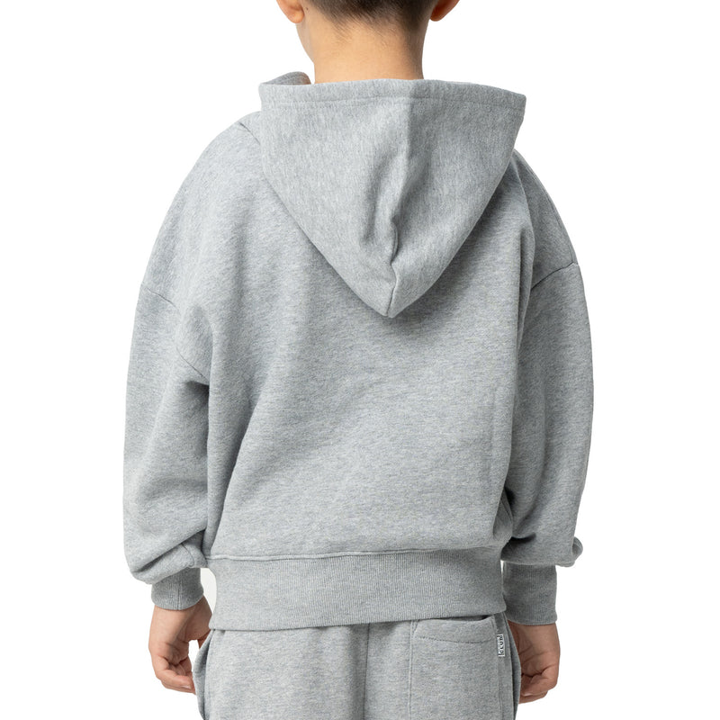 Heather grey youth zip-front hoodie, back view with hood