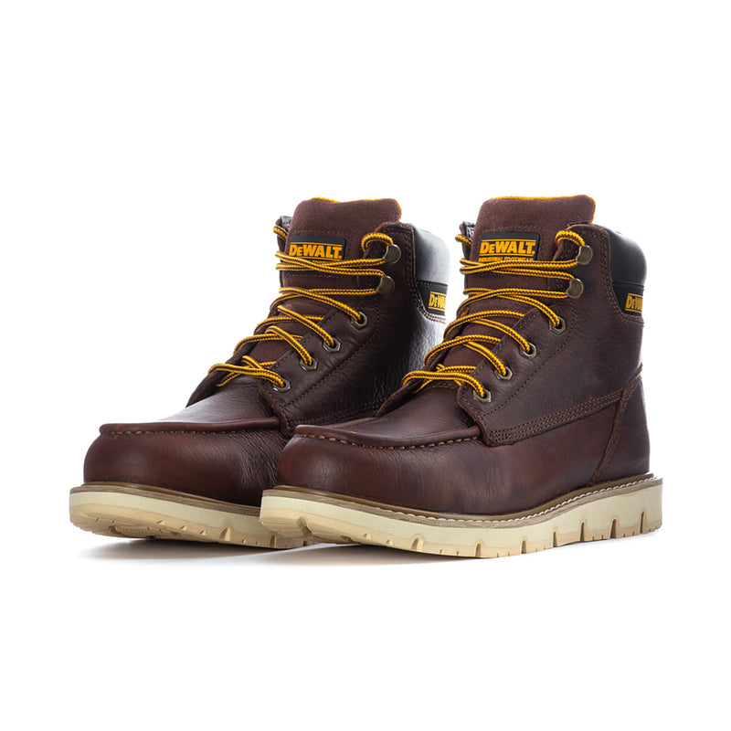 Men's moc-toe work boot pair, dark brown leather, DEWALT logo, yellow laces, tan sole