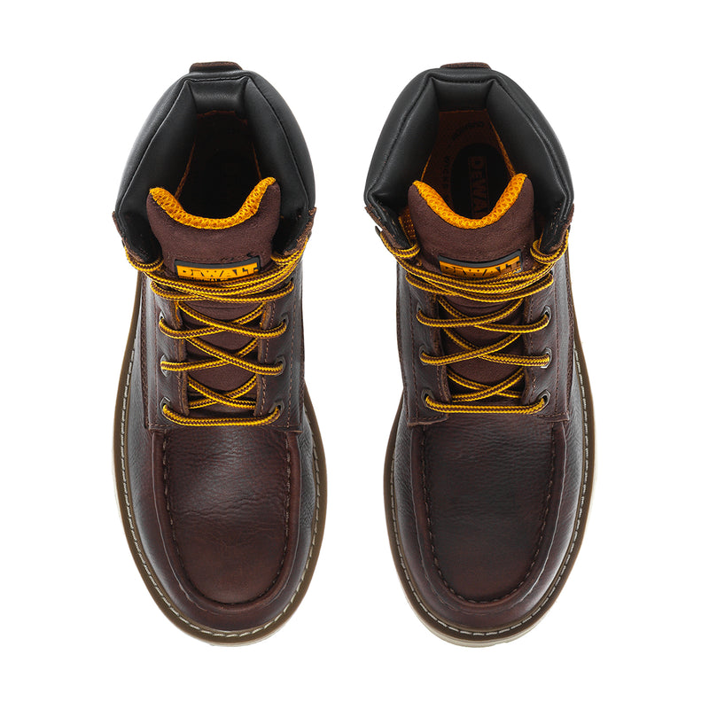 Men's moc-toe work boot collar view, dark brown leather with yellow lace eyelets, cushioned lining