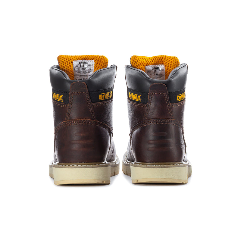 Men's moc-toe work boot heel view, dark brown leather, yellow collar lining, tan outsole