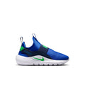 Kids blue slip-on running shoe with green accents and white sole