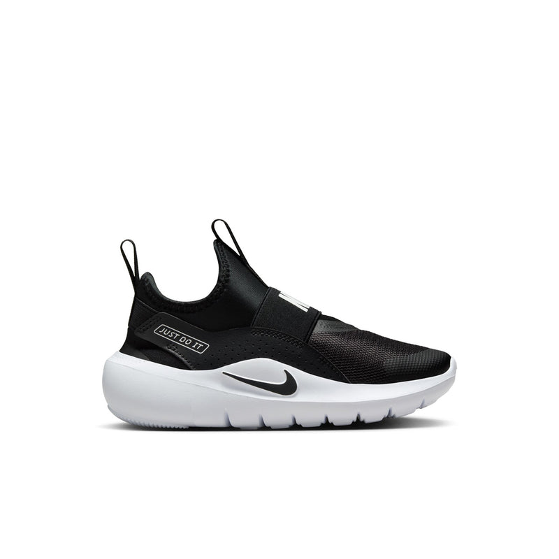 Kids black slip-on running shoes with Swoosh and white cushioning sole