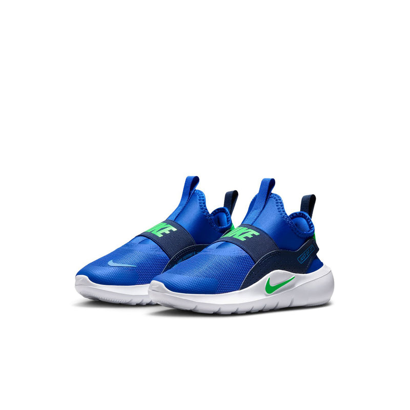 Kids blue slip-on running shoes with green trim, black heel panel, white sole