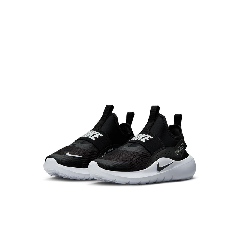 Kids black slip-on running shoes, front view pair with white midsole and Swoosh