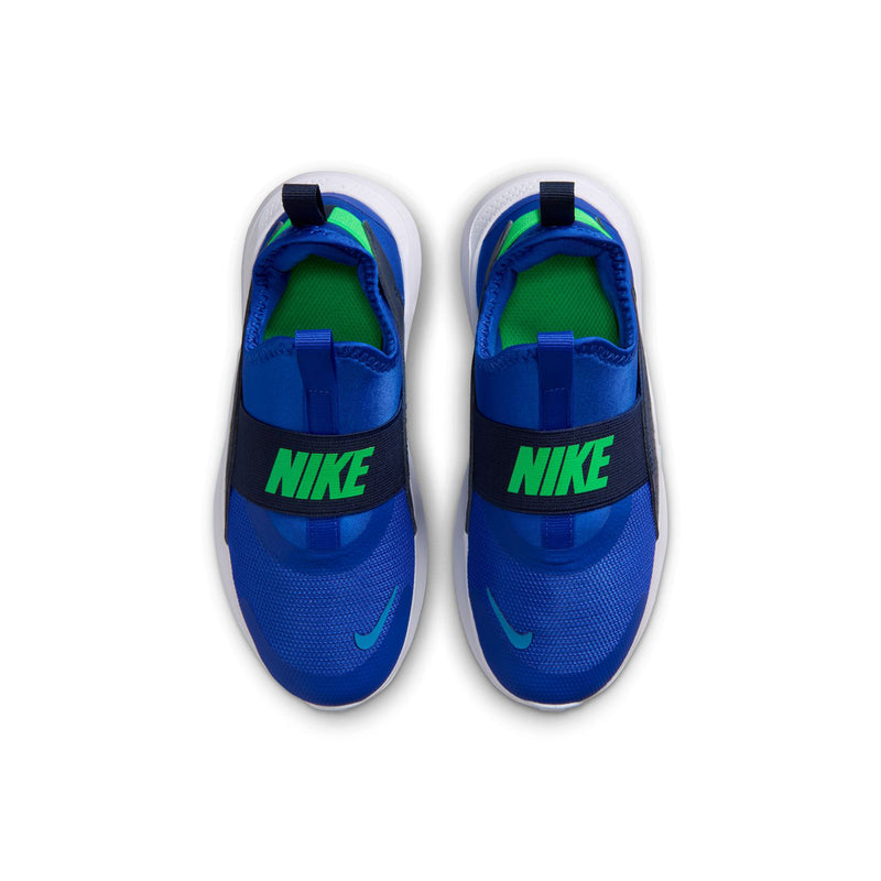 Kids blue slip-on shoes with NIKE logo on heel and green insole accents