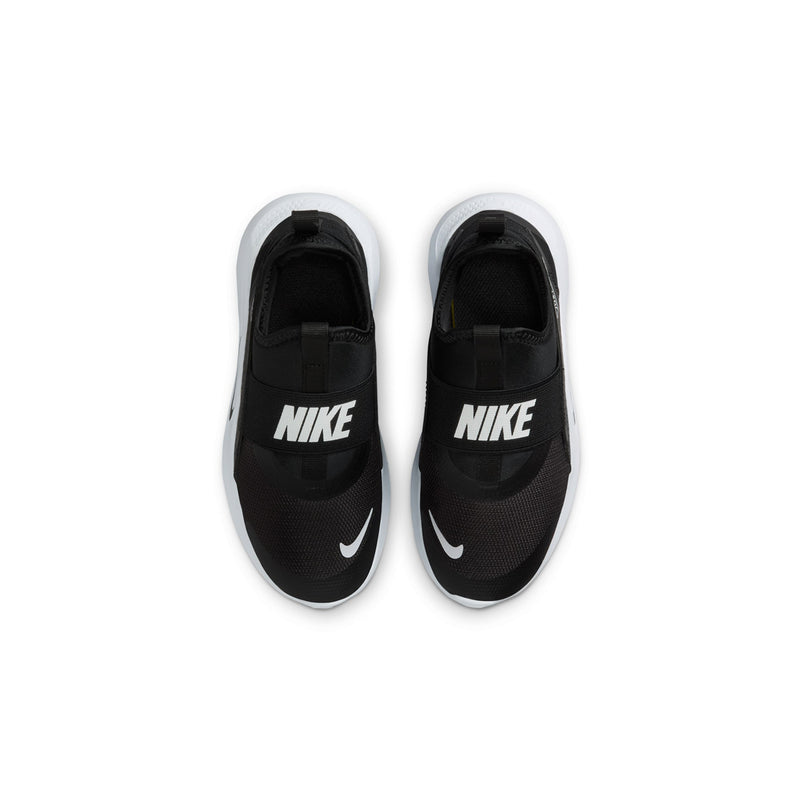 Kids black slip-on shoes, top view showing NIKE logo on each upper