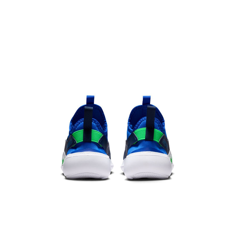 Kids blue slip-on running shoes with white heel and green collar accents