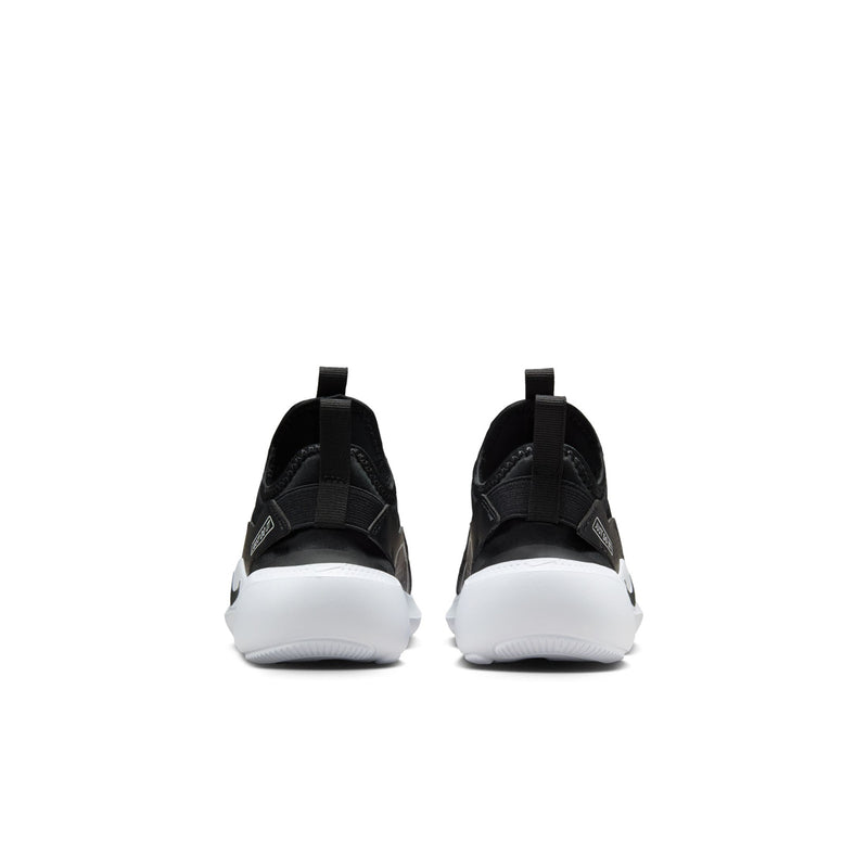 Kids black slip-on running shoes, back view with heel pull tab and white sole
