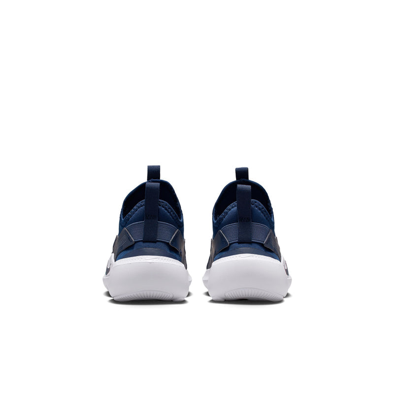 Kids navy slip-on running shoes from heel view with white midsole