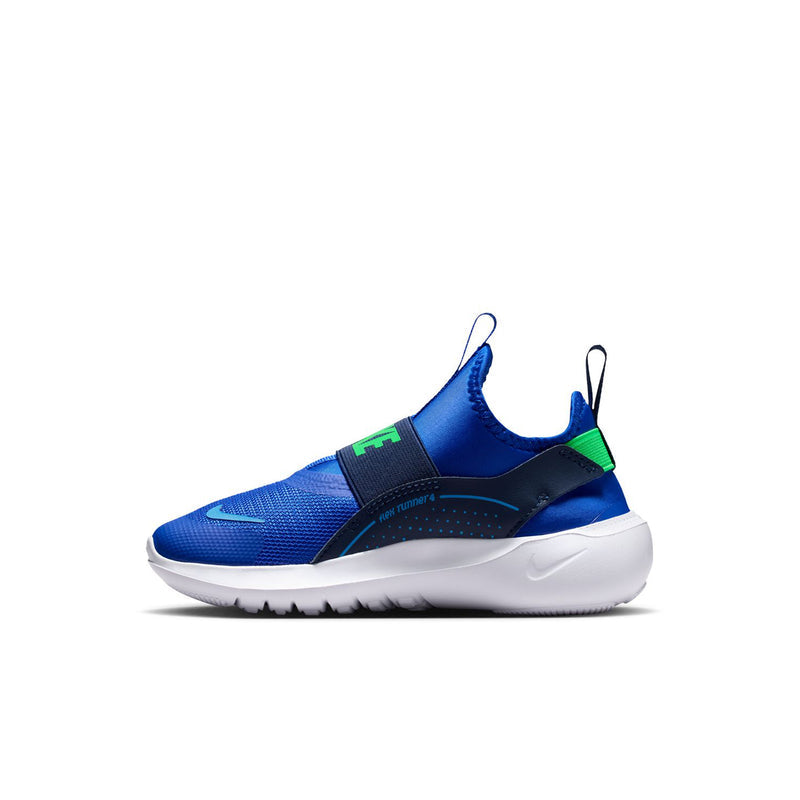 Kids blue slip-on runner shoe with green strap and white foam sole