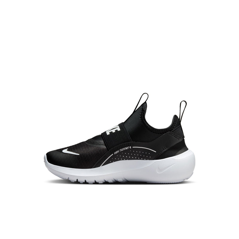 Kids black slip-on running shoes side view with Swoosh, white midsole, and tread