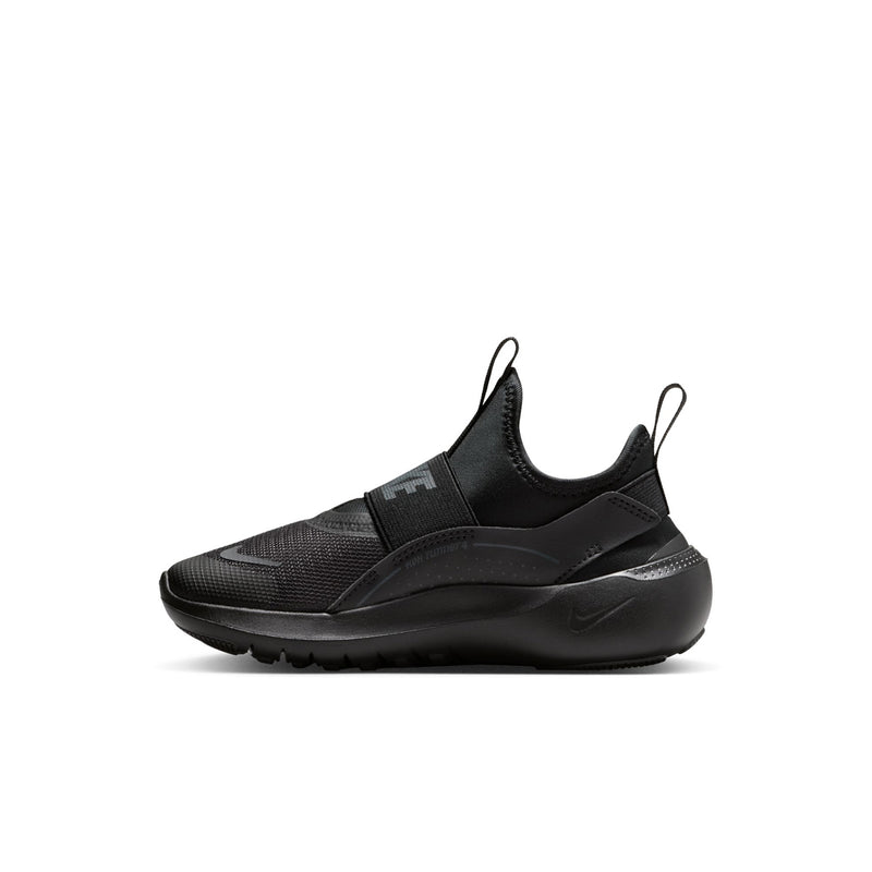 Kids black slip-on running shoe with curved collar, strap, and Nike Swoosh