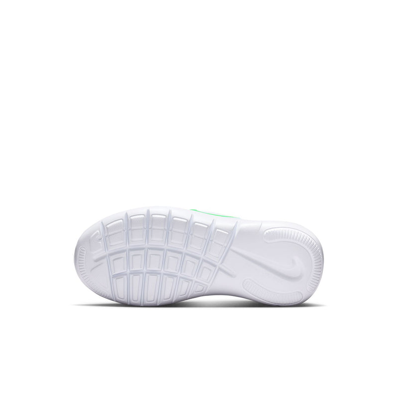 Kids running shoe outsole with white tread and slight green edge detail