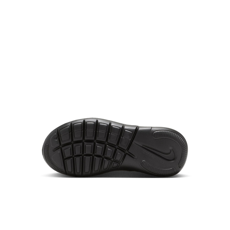 Kids black rubber outsole with deep tread pattern and Nike mark near arch