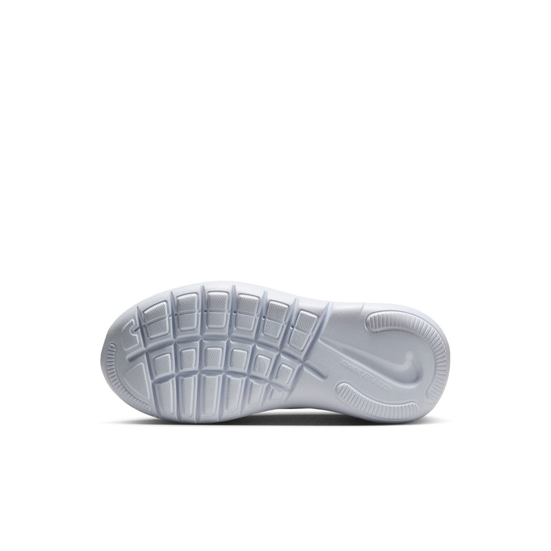 Kids black slip-on shoe outsole view with white rubber tread and Nike mark