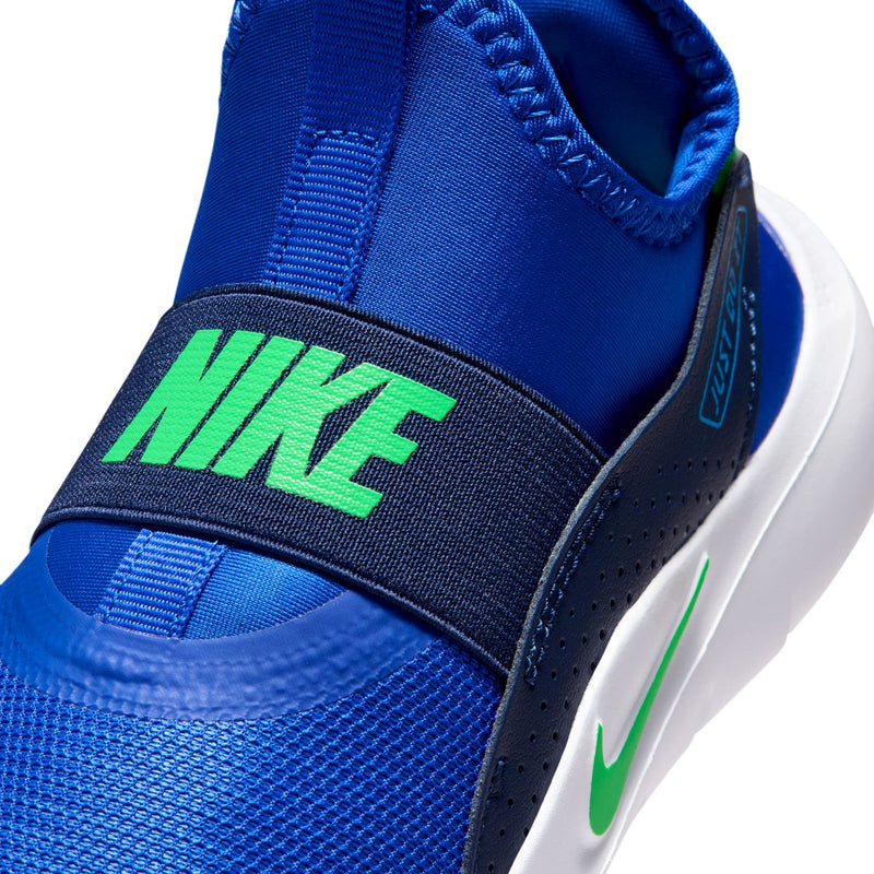Close-up of kids blue knit upper with NIKE and green logo strap