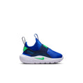Toddler blue slip-on runner with green and black accents, white sole