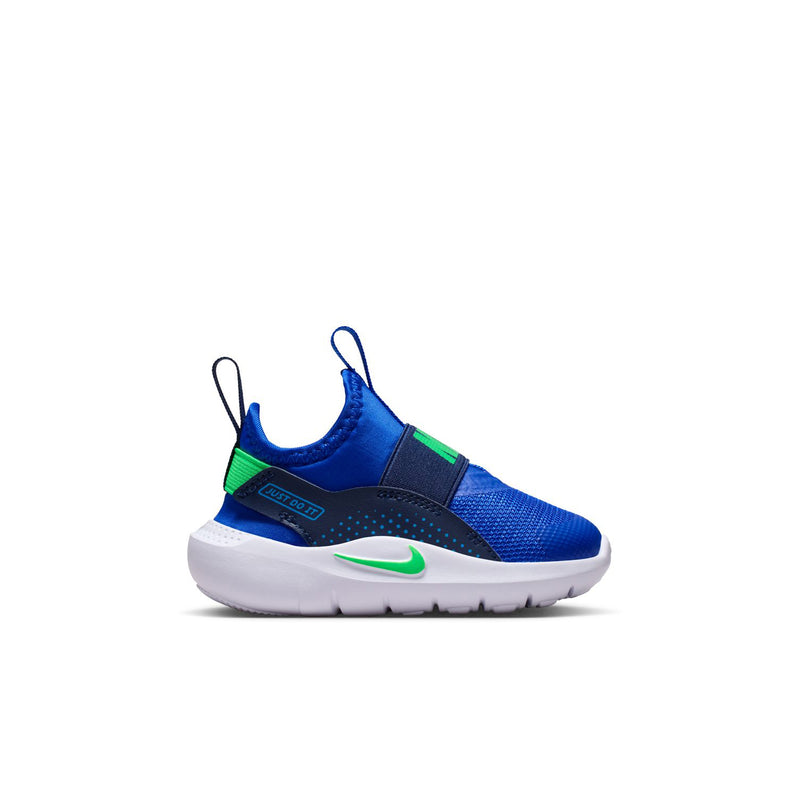Toddler blue slip-on runner with green and black accents, white sole