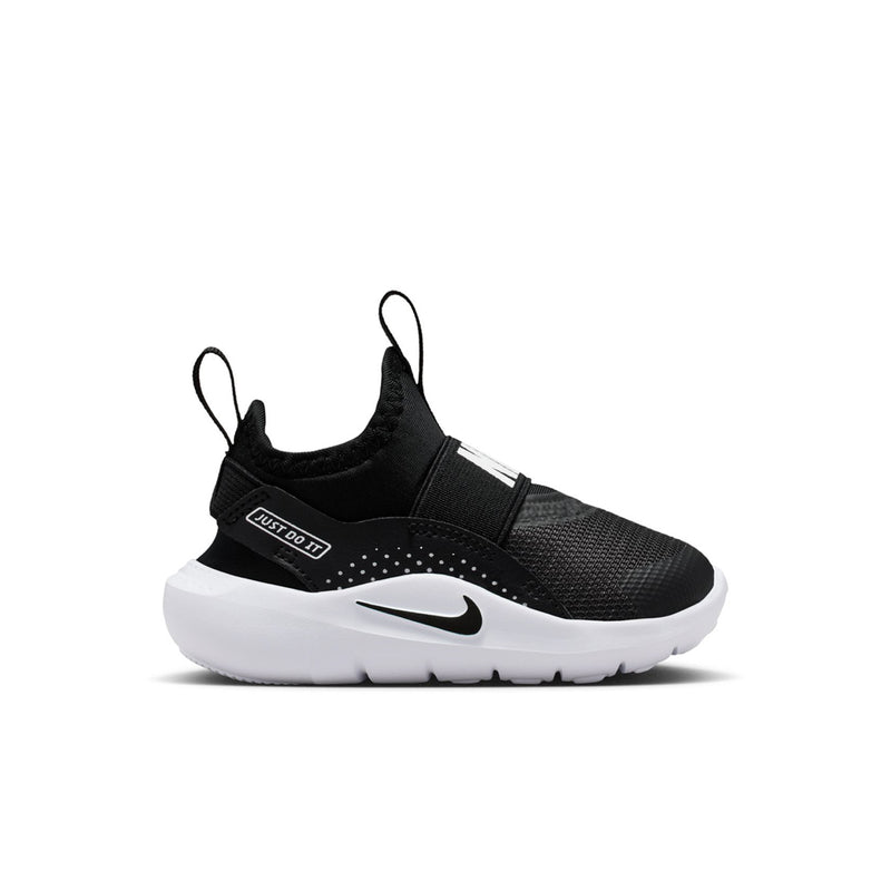 Black toddler slip-on sneaker with white midsole and Nike swoosh on side