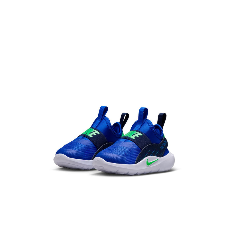 Toddler blue runner shoes with green logo accents and white midsole