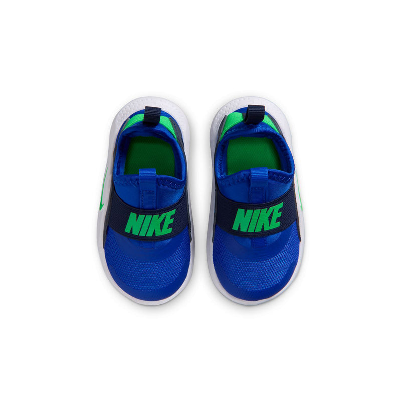 Toddler blue sneakers with NIKE logo on heel, green interior accents
