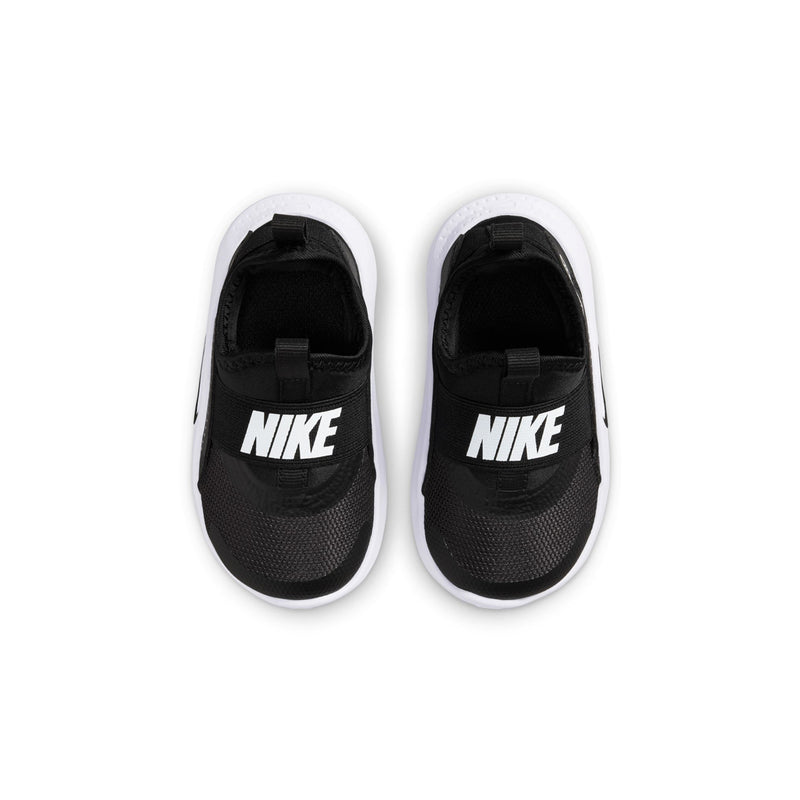 Black toddler slip-on sneakers with Nike logo on tongue and white sole