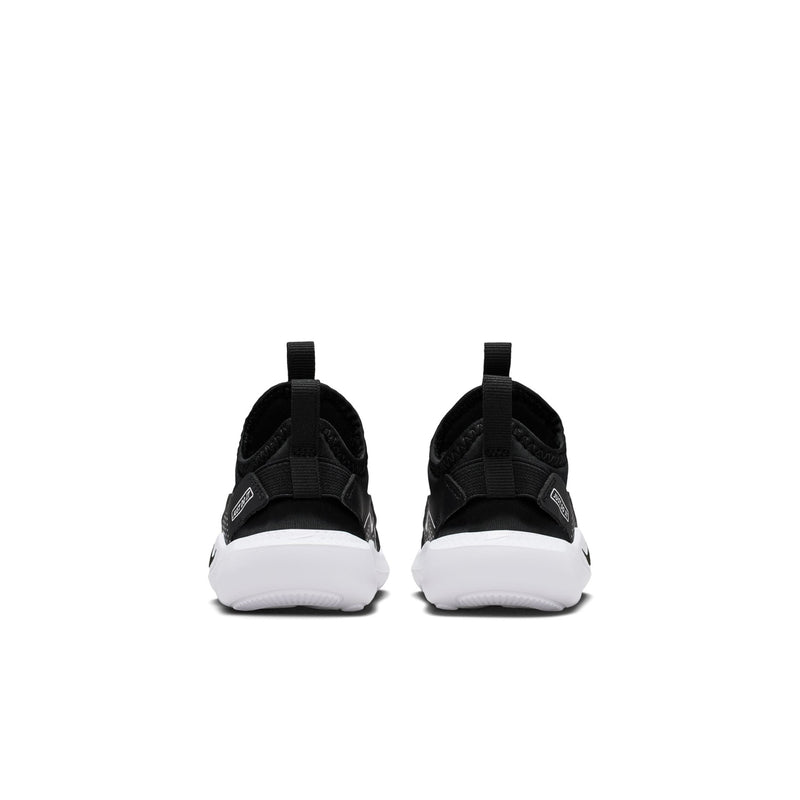 Black toddler sneakers rear view with pull tab and white foam midsole
