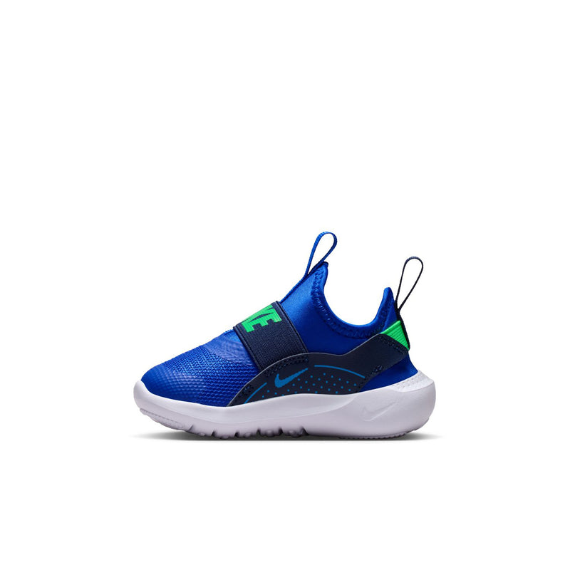 Toddler blue running shoe with black side panel, green accents, white sole