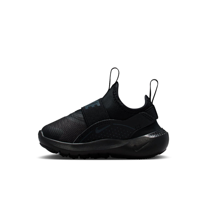 Toddler black slip-on sneakers with strap panel, breathable mesh texture, and tread
