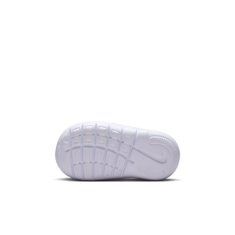 Toddler shoe outsole and heel view, white rubber sole